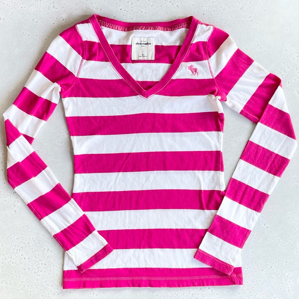 Abercrombie Kids Pink & White V-Neck Embroidered Logo Long Sleeve Shirt M